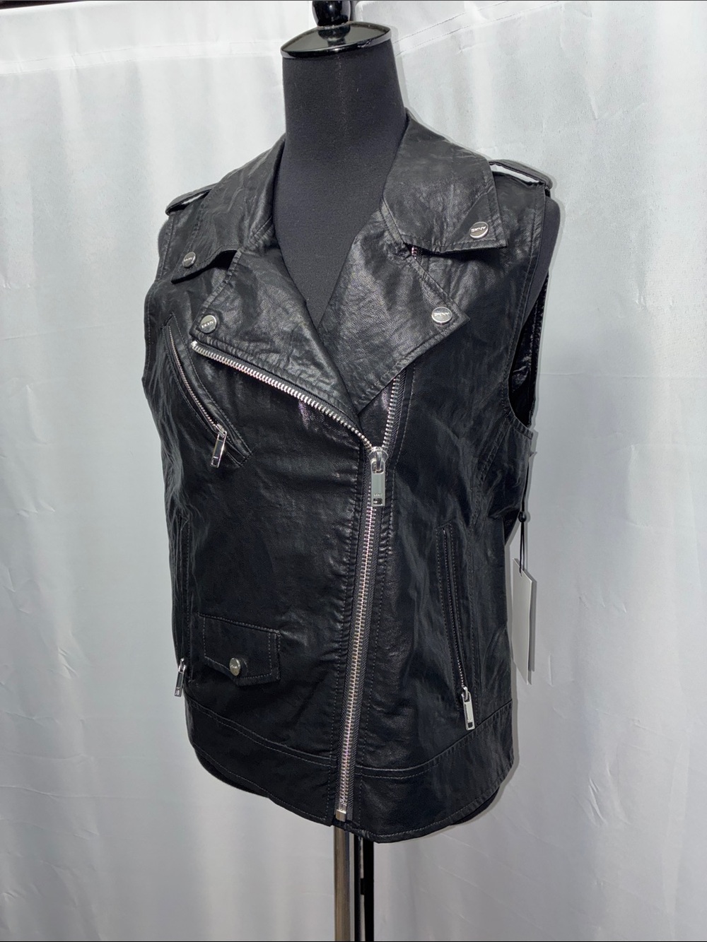Dkny Black Faux Leather Moto Vest with Silver Hardware Size Small